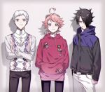  1girl 2boys ahoge argyle argyle_sweater arm_at_side belt black_hair black_pants boy_sandwich braid casual clenched_hand closed_mouth collared_shirt cowboy_shot crossed_arms dress_shirt emma_(yakusoku_no_neverland) green_eyes hair_over_one_eye hands_in_pocket hood hood_down hoodie jacket long_sleeves looking_at_viewer maniwa multiple_boys norman_(yakusoku_no_neverland) one_eye_covered pants ray_(yakusoku_no_neverland) redhead sandwiched shirt side-by-side side_braid single_braid smirk sweater torn_clothes torn_pants white_hair white_pants white_shirt yakusoku_no_neverland 