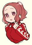  1girl :o alternate_hairstyle brown_hair cropped_torso do_m_kaeru flat_color jacket long_sleeves okumura_haru open_mouth persona persona_5 ponytail red_jacket short_hair simple_background sketch solo track_jacket twitter_username violet_eyes yellow_background 