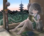  1girl :&lt; animal bare_legs barefoot blue_eyes blush bob_cut book cat collared_shirt commentary_request day dress feet grass green_dress hairband holding holding_book indoors katana konpaku_youmu konpaku_youmu_(ghost) looking_at_viewer pegashi sheath sheathed shirt short_hair short_sleeves silver_hair sitting sword tatami toenails toes touhou weapon white_shirt 