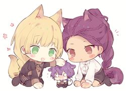  3girls animal_ears bernadetta_von_varley blonde_hair blush_stickers chibi fire_emblem fire_emblem:_three_houses fox_ears fox_tail garreg_mach_monastery_uniform green_eyes hand_on_another&#039;s_head ingrid_brandl_galatea kvlen long_hair long_sleeves mouse_ears mouse_tail multiple_girls open_mouth petra_macneary ponytail purple_hair short_hair simple_background sitting tail uniform white_background 