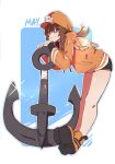  1girl anchor backpack bag black_gloves black_shorts brown_hair character_name commentary eyebrows_visible_through_hair fingerless_gloves gloves guilty_gear hair_between_eyes hat jacket long_hair looking_at_viewer may_(guilty_gear) orange_footwear orange_headwear orange_jacket rirene_rn short_shorts shorts skull skull_and_crossbones smile solo 