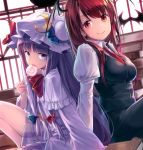  2girls arm_support bangs black_skirt black_vest blue_bow book bow breasts candy capelet commentary_request demon_wings dress eyebrows_visible_through_hair food frilled_capelet frills hand_up hat hat_bow head_wings holding holding_food indoors juliet_sleeves knee_up koakuma lollipop long_hair long_sleeves looking_at_viewer medium_breasts mob_cap multiple_girls necktie patchouli_knowledge puffy_sleeves purple_capelet purple_dress purple_hair purple_headwear red_bow red_eyes red_neckwear redhead shirt short_dress sitting skirt skirt_set thighs touhou usotsuki_penta very_long_hair vest violet_eyes white_shirt wings 