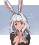  1girl animal_ears bangs blue_eyes breasts choker cleavage_cutout dark_skin final_fantasy final_fantasy_xiv finger_to_mouth forehead_jewel long_hair medium_breasts peachy_michi rabbit_ears signature silver_hair simple_background solo two-tone_background viera 