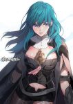  1girl armor armored_dress artist_name black_legwear blue_eyes blue_hair breasts byleth_(fire_emblem) byleth_eisner_(female) cape cowboy_shot detached_collar fire_emblem fire_emblem:_three_houses gauntlets gearous hair_between_eyes highres lips long_hair looking_to_the_side medium_breasts midriff miniskirt navel pantyhose simple_background skirt solo white_background wind 