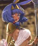  1girl alternate_hair_length alternate_hairstyle animal_ears breasts dark_skin egyptian egyptian_clothes facepaint facial_mark fate/grand_order fate_(series) from_side gold highres holding holding_staff jackal_ears medium_breasts nanaku_teiru nitocris_(fate/grand_order) purple_hair short_hair sidelocks solo staff upper_body usekh_collar violet_eyes 