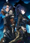  2girls arm_at_side arm_up armor au_ra black_hair blue_hair chainmail closed_mouth commission cowboy_shot dark.h dark_knight_(final_fantasy) dated dragon_girl dragon_horns dual_wielding elbow_gloves final_fantasy final_fantasy_xiv gloves greatsword hand_up high_ponytail holding holding_sword holding_weapon horns jacket knife light_smile lips long_hair long_sleeves looking_at_viewer medium_hair multicolored_hair multiple_girls ninja_(final_fantasy) pants parted_lips ponytail red_eyes scales signature sword two-tone_hair violet_eyes weapon 