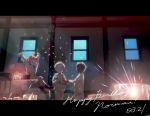  1girl 2boys :d ^_^ ankle_boots aqua_eyes arms_up basket birthday black_hair blurry bokeh boots candle cardigan chair child closed_eyes confetti crown dark depth_of_field emma_(yakusoku_no_neverland) glass glint happy happy_birthday indoors lantern letterboxed long_sleeves maniwa multiple_boys norman_(yakusoku_no_neverland) on_table open_mouth orange_hair pants profile ray_(yakusoku_no_neverland) red_footwear shirt sitting skirt smile standing table tablecloth wall white_hair white_pants white_shirt window yakusoku_no_neverland 