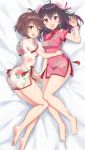  2girls alternate_costume asakura_mihono bare_legs barefoot bed_sheet black_hair brown_eyes brown_hair china_dress chinese_clothes commentary_request dress earrings floral_print flower gradient_hair hair_flower hair_ornament hand_on_another&#039;s_hip highres holding_hand jewelry long_hair lying multicolored_hair multiple_girls on_back on_bed on_side open_mouth pera red_eyes short_dress short_hair short_sleeves toji_no_miko 