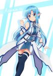  1girl absurdres asuna_(sao) asuna_(sao-alo) bare_shoulders blue_eyes blue_hair blue_legwear breasts character_name commentary_request dated detached_sleeves eyebrows_visible_through_hair freekenji422 highres long_hair looking_at_viewer medium_breasts pointy_ears smile solo sword_art_online thigh-highs 