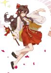  1girl bangs bell bow breasts brown_hair commentary_request cro_(artist) detached_sleeves hair_between_eyes hair_bow hair_tubes hakurei_reimu highres holding large_breasts long_hair looking_at_viewer red_bow sandals smile socks solo touhou white_footwear wide_sleeves 