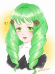  1girl artist_name blush drill_hair fire_emblem fire_emblem:_three_houses flayn_(fire_emblem) graphite_(medium) green_eyes green_hair hair_ornament hairclip highres long_hair mechanical_pencil open_mouth pencil portrait shidu solo sparkle teeth traditional_media 