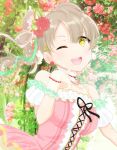  1girl amano_himame bare_shoulders black_ribbon breasts brown_hair collarbone commentary_request dress eyebrows_visible_through_hair flower hair_flower hair_ornament large_breasts long_hair looking_at_viewer love_live! love_live!_school_idol_project minami_kotori one_eye_closed one_side_up open_mouth outdoors red_flower red_rose ribbon rose smile solo yellow_eyes 