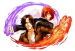  2boys bangs brown_eyes brown_hair fingerless_gloves fire gloves hair_over_one_eye highres jacket jewelry kusanagi_kyou leather leather_jacket male_focus multiple_boys parted_bangs purple_fire pyrokinesis redhead ring smile spade-m the_king_of_fighters yagami_iori 