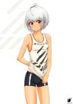  1girl ahoge antenna_hair breasts covered_nipples highres no_bra original red_eyes shirt_tug shokubai_phantom_girl short_hair short_shorts shorts silver_hair small_breasts solo tan tank_top tanline white_background 