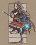  1girl blue_eyes blue_legwear brown_hair cape decoponmagi dress fate/grand_order fate_(series) gauntlets leonardo_da_vinci_(fate/grand_order) leonardo_da_vinci_(rider)_(fate) pantyhose puffy_short_sleeves puffy_sleeves short_sleeves single_gauntlet smile staff 