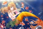  1girl animal_ears aqua_eyes aqua_hair blonde_hair brown_hair bubble chibi commission drawing fish goldfish hair_ornament head_fins highres illustrator jewelry long_hair mermaid mirei-yume monster_girl original scales shell shell_bikini tiara underwater very_long_hair violet_eyes 