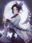  1girl black_hair bug butterfly butterfly_hair_ornament cowboy_shot doroshi full_moon hair_ornament haori highres holding holding_sword holding_weapon insect japanese_clothes kimetsu_no_yaiba kochou_shinobu looking_at_viewer moon night sheath sidelocks smile solo sword unsheathing violet_eyes weapon 