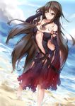  1girl absurdres adapted_costume adjusting_hair bare_shoulders barefoot beach black_gloves blue_sky blush breasts breasts_apart brown_hair collarbone consort_yu_(fate) day elbow_gloves fate/grand_order fate_(series) gloves hair_between_eyes heroic_spirit_festival_outfit highres large_breasts long_hair looking_at_viewer navel ocean one_eye_closed open_mouth qinshi-ji red_eyes sky solo swimsuit very_long_hair wet 