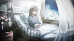  1girl absurdres bed black_hair book clouds cloudy_sky commentary_request drawer flower highres hospital_bed hospital_gown huge_filesize intravenous_drip lliftt long_hair no_eyebrows original reading see-through sitting sky solo vase window yellow_eyes 
