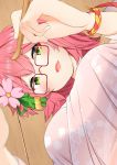  1girl alternate_costume bangs blush bracelet breasts cherry_blossom_print cherry_blossoms ear_picking eyebrows_visible_through_hair fingernails flower from_below glasses green_eyes hair_flower hair_ornament highres holding hololive jewelry large_breasts long_fingernails looking_at_viewer medium_hair nejime open_mouth red-framed_eyewear sakura_miko solo tagme virtual_youtuber 