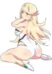  1girl ass back bangs bare_shoulders blonde_hair blush breasts headpiece high_heels highres mythra_(xenoblade) kekemotsu large_breasts long_hair looking_at_viewer looking_back one-piece_swimsuit simple_background sitting solo swept_bangs swimsuit thighs tiara wariza white_background white_footwear white_swimsuit xenoblade_(series) xenoblade_2 yellow_eyes 