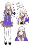  1girl absurdres akmr_knst closed_mouth cookie dress fire_emblem fire_emblem:_three_houses food hair_ornament highres holding holding_food long_hair long_sleeves lysithea_von_ordelia multiple_views open_mouth pink_eyes simple_background wavy_mouth white_background white_hair white_legwear 