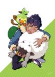  1boy ;d artist_name backpack bag black_pants closed_eyes dark_skin dark_skinned_male dated dynamax_band fingernails fur-trimmed_jacket fur_trim gen_8_pokemon grookey holding holding_pokemon hop_(pokemon) image_sample jacket looking_back one_eye_closed open_mouth orange_eyes pants pixiv_sample pokemon pokemon_(creature) pokemon_(game) pokemon_on_back pokemon_swsh purple_hair shiny shiny_hair shoes signature simple_background smile spiky_hair teeth tongue wedo wooloo wristband 