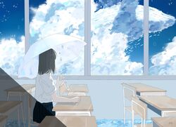  1girl black_hair black_skirt blue_sky bubble clouds cloudy_sky desk facing_away highres indoors long_hair looking_out_window original pleated_skirt shirt short_sleeves signature sitting skirt sky solo sutera_sea umbrella water white_shirt white_umbrella 