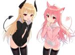  2girls ahoge animal_ear_fluff animal_ears black_choker black_jacket black_legwear blonde_hair cat_ears choker commission cowboy_shot demon_girl demon_horns demon_tail drawstring fang hand_up hands_up highres horns jacket long_hair long_sleeves looking_at_viewer multiple_girls naked_coat open_mouth original parted_lips pink_hair pink_jacket pointy_ears red_eyes sidelocks simple_background standing tail thigh-highs thighs tttanggvl very_long_hair white_background 
