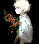  1boy albino arms_at_sides belt bishounen black_background black_pants dress_shirt expressionless eyebrows_visible_through_hair floating_hair flower from_side grey_eyes looking_back male_focus original p_la_s_ma pants parted_lips petals plant profile red_flower red_rose rose shirt short_sleeves simple_background thorns upper_body vines white_hair white_shirt white_skin 