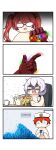  2girls diaoxian_kuangmo glasses highres honkai_(series) honkai_impact_3rd infinity_gauntlet infinity_gems multiple_girls open_mouth redhead scared short_hair smile snapping_fingers stunned_silence theresa_apocalypse twintails white_hair 
