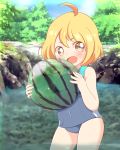  1girl :d absurdres ahoge ball beachball blonde_hair blush brown_eyes child covered_navel day dr._stone food fruit highres jpeg_artifacts looking_at_viewer one-piece_swimsuit open_mouth outdoors see-through short_hair smile solo standing suika_(dr.stone) swimsuit toruu_(kzpm2483) wading water watermelon wet 