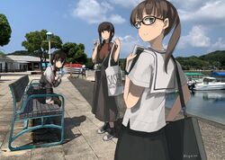  3girls ahoge bag bangs black_hair blunt_bangs blush braid brown_hair c2-chan c2_kikan camera clouds day drinking glasses hair_flaps handbag holding kantai_collection kitakami_(kantai_collection) leica_(camera) long_hair long_skirt milk_carton multiple_girls off_shoulder outdoors photo_background ponytail red_neckwear remodel_(kantai_collection) sailor_collar shadow shigure_(kantai_collection) shirt short_sleeves sidelocks sitting skirt sky smile standing sugue_tettou tote_bag twitter_username water 