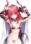  1girl armor arms_up bikini_armor blush breasts collarbone elizabeth_bathory_(brave)_(fate) elizabeth_bathory_(fate)_(all) fang fate/grand_order fate_(series) horns long_hair looking_at_viewer navel open_mouth pointy_ears pokan_(xz1128) redhead small_breasts smile solo tail violet_eyes white_background 