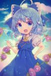  1girl ahoge artist_name blue_bow blue_dress blue_eyes blue_hair bow cirno clenched_hand clouds commentary_request dress flower hair_bow hand_on_hip highres ice ice_wings open_mouth plant red_ribbon ribbon shirt short_hair short_sleeves sky smile solo sunflower suzukkyu touhou vines white_shirt wings 