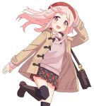  1girl :d bag beret black_thighhighs boots brown_eyes brown_footwear changaa commentary hand_on_headwear hat jacket knee_boots long_hair long_sleeves looking_at_viewer miniskirt necktie onii-chan_wa_oshimai! open_clothes open_jacket open_mouth oyama_mahiro pink_hair pink_sweater plaid plaid_skirt pleated_skirt red_headwear red_necktie red_skirt shirt simple_background skirt smile solo sweater thigh-highs white_background white_shirt wing_collar yellow_jacket zettai_ryouiki 