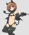  1girl androgynous blush brown_hair chara_(undertale) commentary_request demon_horns demon_tail demon_wings horns knife looking_at_viewer navel open_mouth oshiruko_(tsume) red_eyes short_hair simple_background solo swimsuit tail thigh-highs undertale wings 