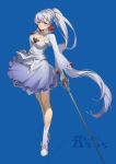  1girl artist_name blue_background blue_eyes commentary cro_(artist) dress eyebrows_visible_through_hair highres holding holding_sword holding_weapon long_hair looking_at_viewer ponytail rwby scar scar_across_eye shoes simple_background smile solo sword very_long_hair weapon weiss_schnee white_dress white_footwear white_hair 