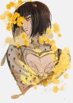  1boy black_hair bruno_buccellati character_name doran7280 hair_ornament highres jojo_no_kimyou_na_bouken leaf lips looking_to_the_side male_focus short_hair solo upper_body vento_aureo white_background zipper 