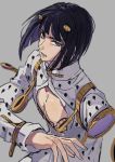  1boy black_hair bruno_buccellati cleavage_cutout doran7280 grey_background hair_ornament highres jojo_no_kimyou_na_bouken lips looking_at_viewer male_focus parted_lips short_hair solo teeth upper_body vento_aureo zipper 