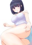  1girl :o arm_support ass bangs bare_shoulders black_hair blue_panties blunt_bangs blush bob_cut breasts camisole collarbone crotch_seam eyebrows_visible_through_hair furutori hand_on_own_thigh highres legs_together looking_at_viewer medium_breasts original panties reclining simple_background sleeveless solo strap_slip twisted_torso underwear violet_eyes 