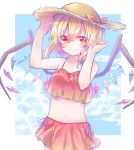  1girl alternate_costume attyuntyun915 blonde_hair clouds commentary_request crystal flandre_scarlet hat hat_ribbon highres red_eyes red_ribbon red_swimsuit ribbon short_hair sky smile solo straw_hat swimsuit touhou wings 
