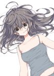  1girl breasts camisole collarbone eyebrows_visible_through_hair grey_hair highres looking_at_viewer lying matsuda_hikari messy_hair navel on_back open_mouth original simple_background upper_body violet_eyes white_background 