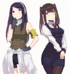  2girls alternate_hairstyle armband asakiri_koko bandana bartender blush brown_hair clothes_around_waist commentary_request cosplay costume_switch crossover girls_frontline gloves green_eyes hairstyle_switch headphones jacket_around_waist jill_stingray jill_stingray_(cosplay) long_hair m4a1_(girls_frontline) m4a1_(girls_frontline)_(cosplay) multiple_girls necktie pantyhose purple_hair red_eyes shorts skirt sleeveless smile twintails va-11_hall-a 