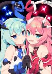  2girls :d aqua_hair bangs bare_shoulders black_background black_gloves blue_eyes commentary dress eyebrows_visible_through_hair fang gloves hair_between_eyes hair_ornament highres holding_hands honkai_(series) honkai_impact_3rd interlocked_fingers liliya_olyenyey lo_xueming long_hair multiple_girls open_mouth parted_lips pink_hair rozaliya_olyenyey short_eyebrows simple_background sleeveless sleeveless_dress smile sparkle tail tail_raised thick_eyebrows upper_body watermark white_dress 