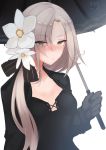  1girl aug_(girls_frontline) bangs black_dress blush breasts closed_mouth dress eyebrows_visible_through_hair eyes_visible_through_hair flower girls_frontline gloves hair_between_eyes hair_flower hair_ornament hair_ribbon holding holding_umbrella long_hair looking_at_viewer low_ponytail mappaninatta mole mole_under_eye orange_eyes parted_bangs ribbon sidelocks simple_background solo umbrella upper_body white_background 