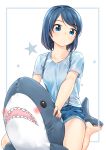  1girl absurdres bangs barefoot blue_eyes blue_hair blush eyebrows_visible_through_hair facing_viewer highres jakelian looking_at_viewer mole mole_under_eye shark shirt short_hair shorts simple_background sitting solo suspender_shorts suspenders swept_bangs t-shirt 