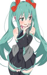  1girl aqua_eyes aqua_hair aqua_nails aqua_neckwear bare_shoulders black_legwear black_skirt black_sleeves blush bow bowtie cowboy_shot detached_sleeves grey_shirt hair_bow hand_on_own_chin hand_up hatsune_miku long_hair looking_away looking_to_the_side nail_polish necktie parted_lips red_bow shirt shoulder_tattoo skirt skirt_tug sleeveless sleeveless_shirt smile solo standing tattoo thigh-highs tshangen131 twintails very_long_hair vocaloid zettai_ryouiki 