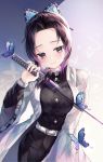  1girl bangs belt black_hair breasts bug butterfly butterfly_hair_ornament commentary_request hair_ornament haori hinaki_(hinaki_0102) holding holding_sword holding_weapon insect japanese_clothes katana kimetsu_no_yaiba kochou_shinobu long_sleeves looking_at_viewer parted_bangs purple_hair short_hair smile solo sword uniform violet_eyes weapon white_belt 