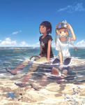  2girls blonde_hair blue_sky brown_eyes brown_hair clouds commentary_request contemporary dark_skin day goggles goggles_on_head highres light_smile medium_hair minamito multiple_girls ocean open_mouth original outdoors partially_submerged sandals shirt shoes short_hair shorts side_ponytail sitting sky sneakers snorkel starfish summer t-shirt tomboy water wet wet_clothes wet_shirt 